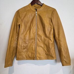Alfani Mustard Faux Leather Jacket Sz Small Super Soft Shell Zip Up Yellow